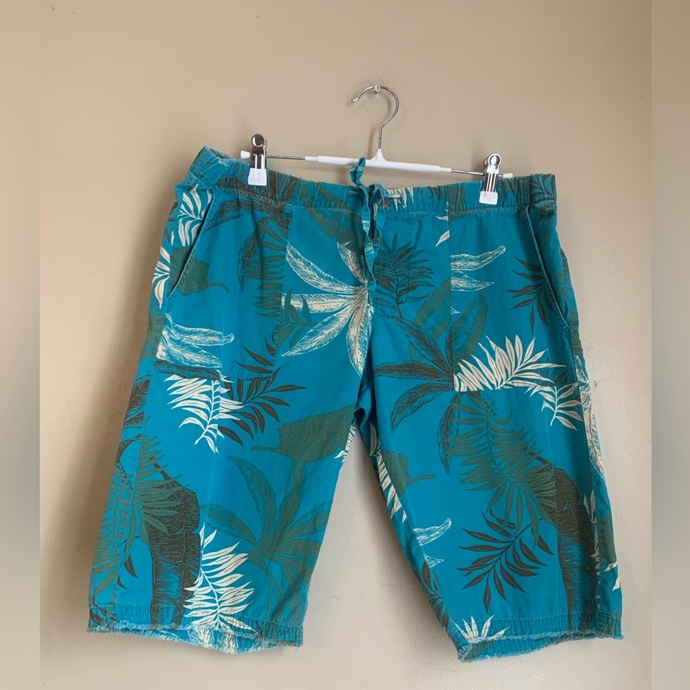 Aerie Tropical Print Pull On Board Shorts Blue Palm Print Drawstring Distressed